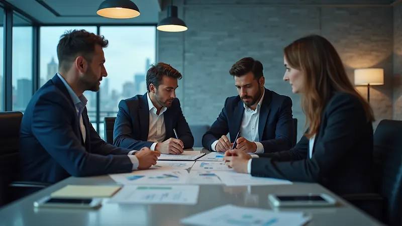 High-angle view of a business team discussing data management strategies