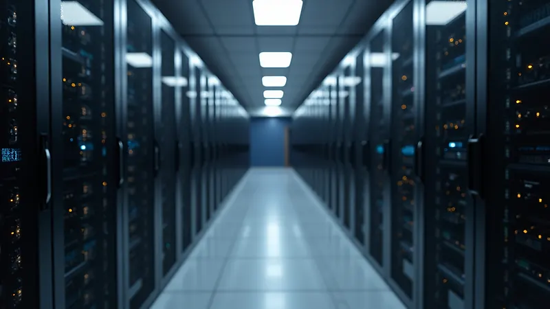 Eye-level view of a data center filled with server racks