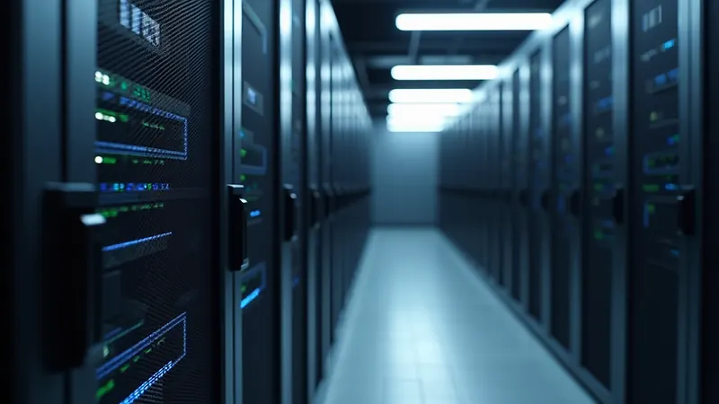 Close-up view of a modern data center with rows of servers