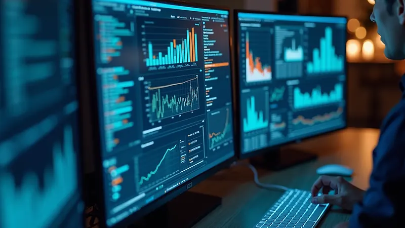 High angle view of diverse digital data visualizations on a computer screen