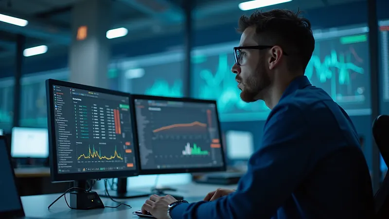 Eye-level view of a data analyst reviewing performance metrics on a dashboard