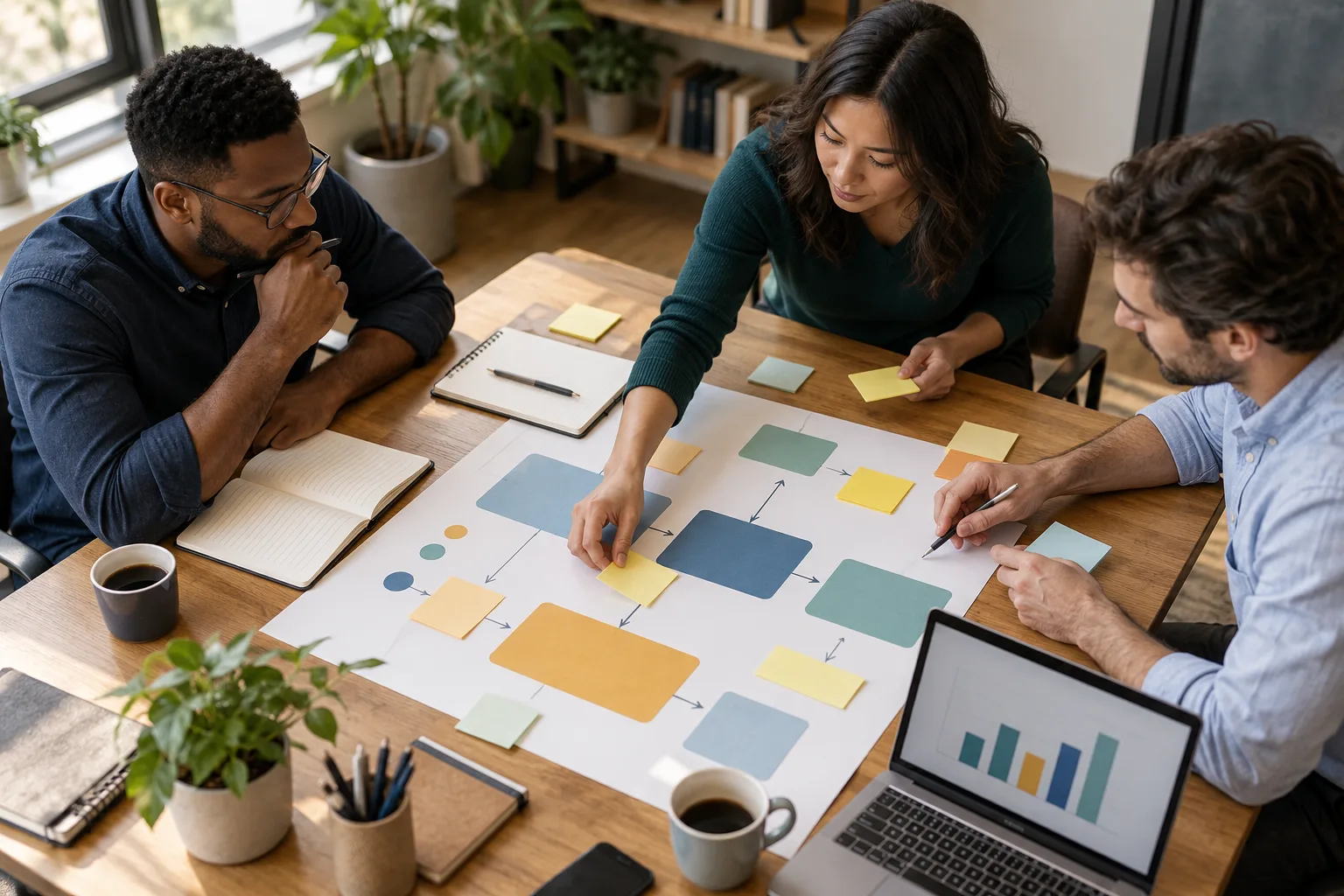 Overhead view of a team planning a technology roadmap around a table