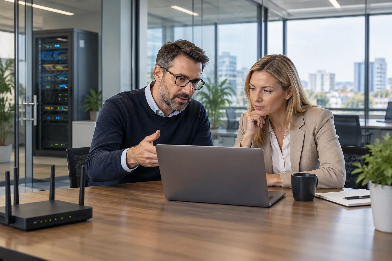 Two colleagues reviewing IT options beside a small server room