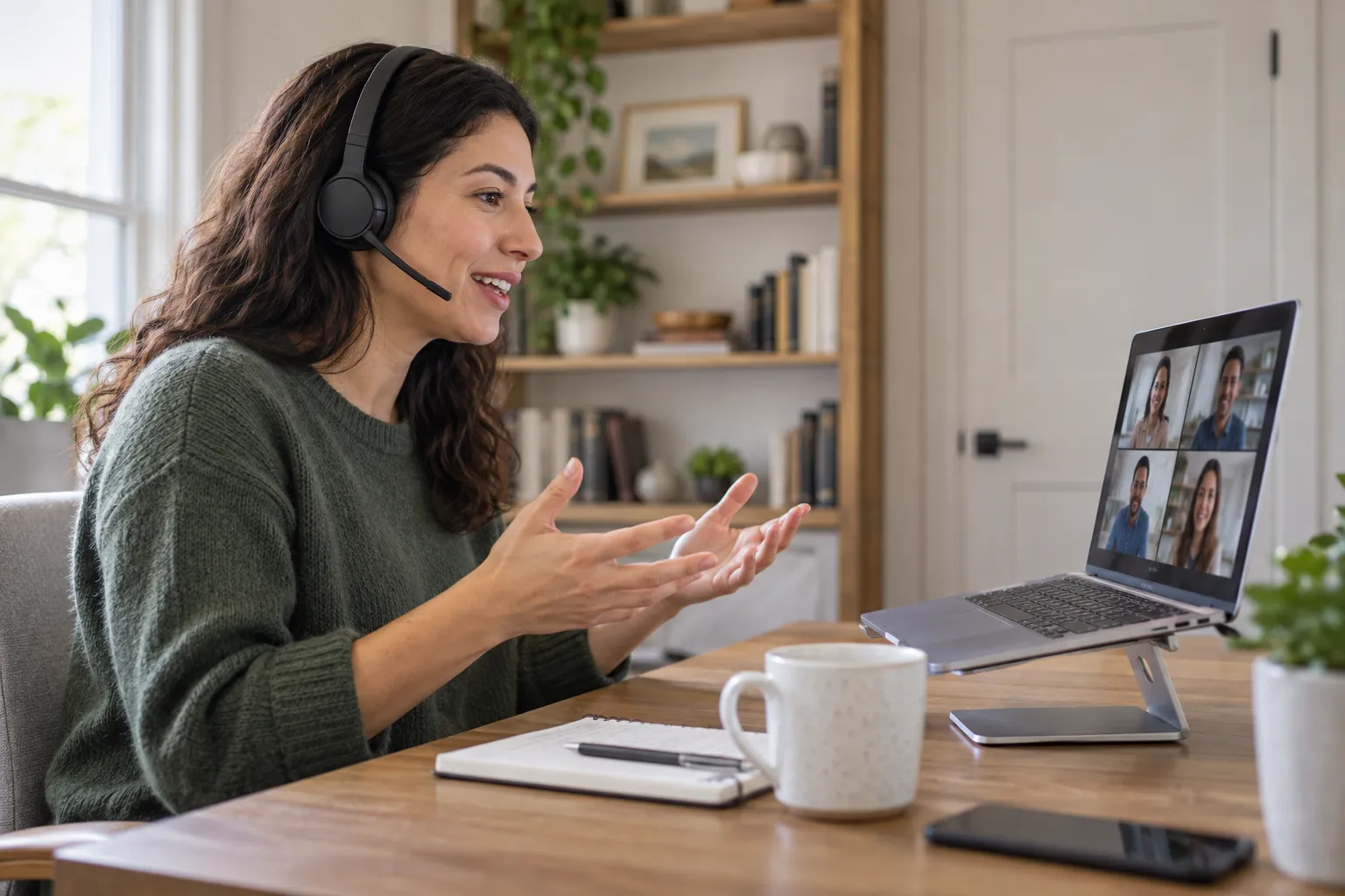 Professional attending a video meeting at an organized home desk