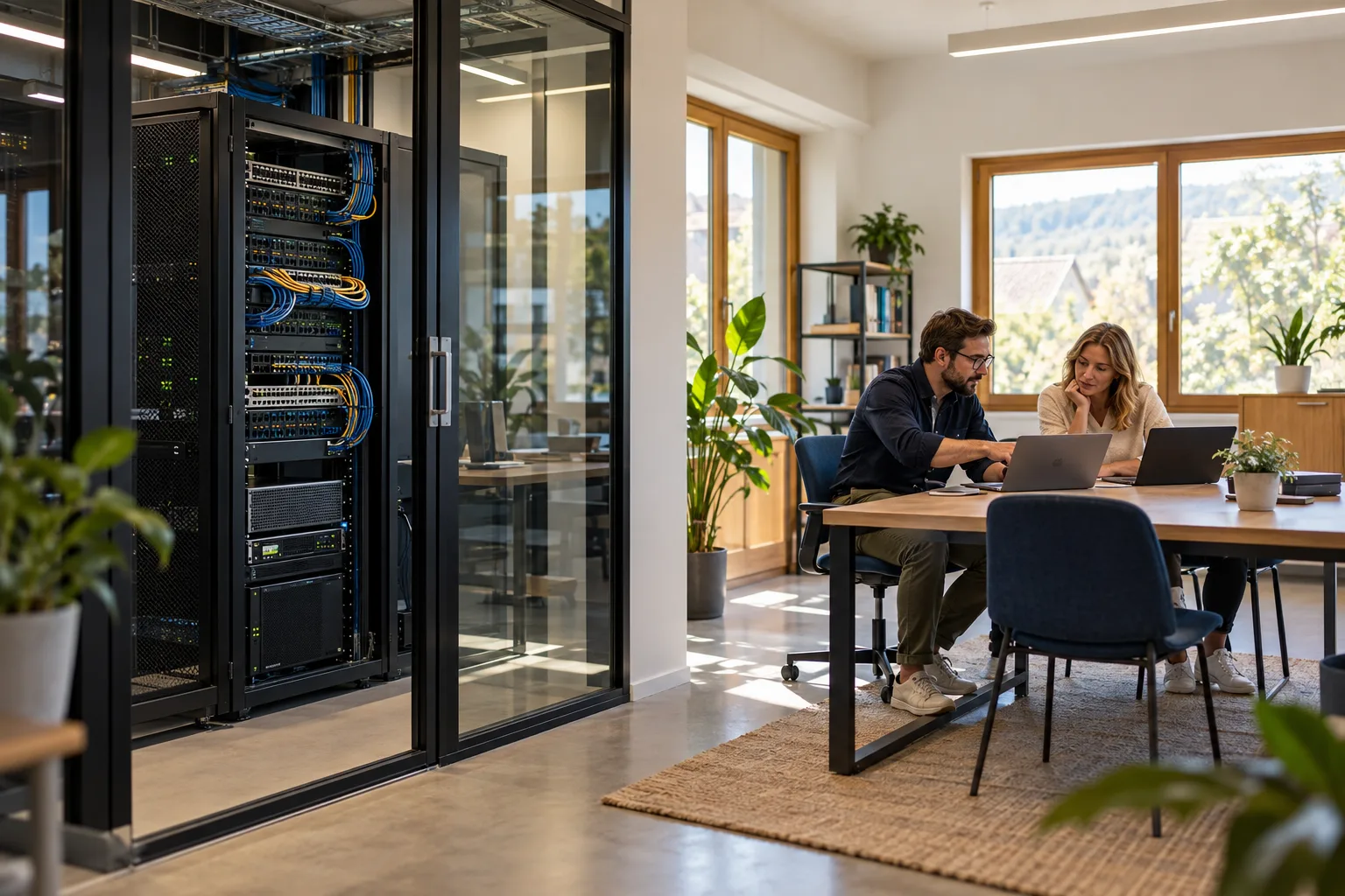 Office collaborators beside a small server rack in a glass enclosure