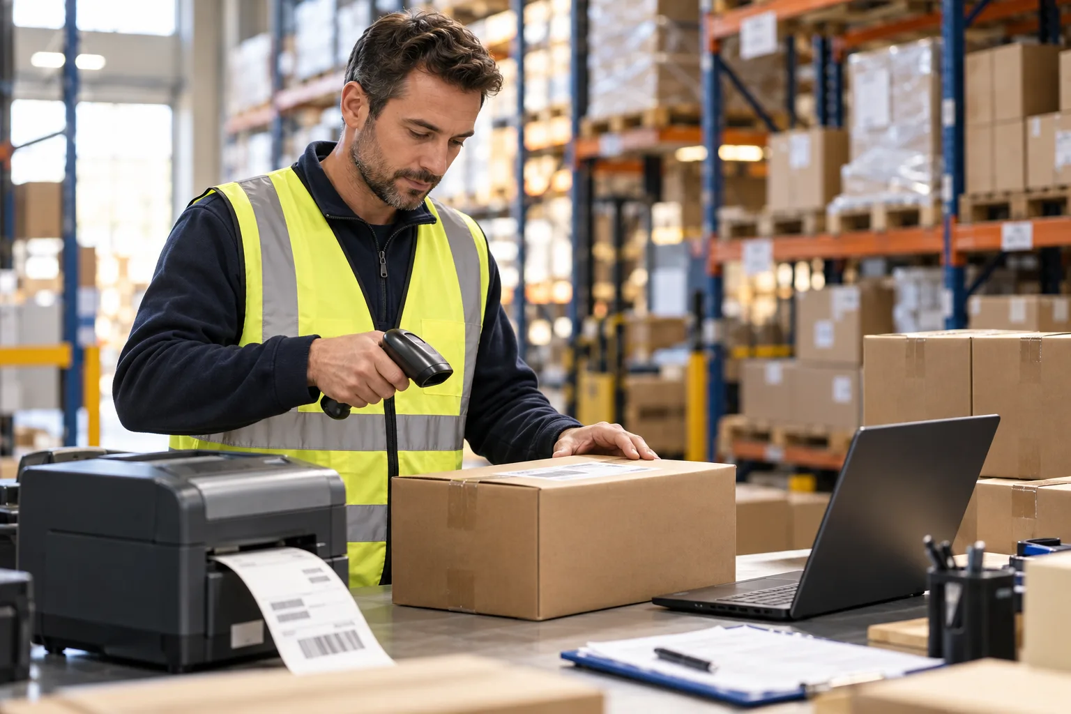Warehouse worker using a handheld scanner beside a label printer and laptop