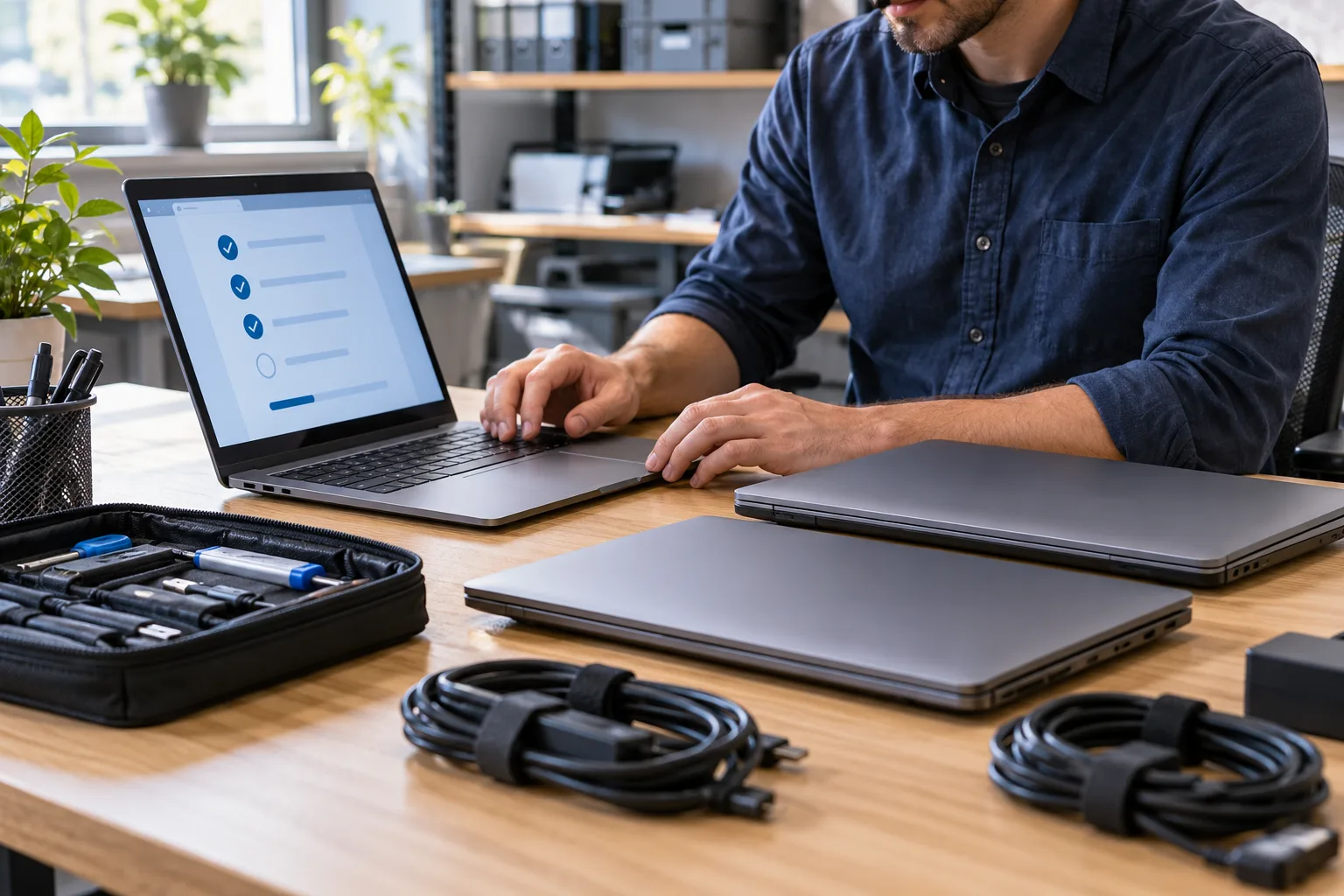 Illustration of a technician preparing laptops at a workbench