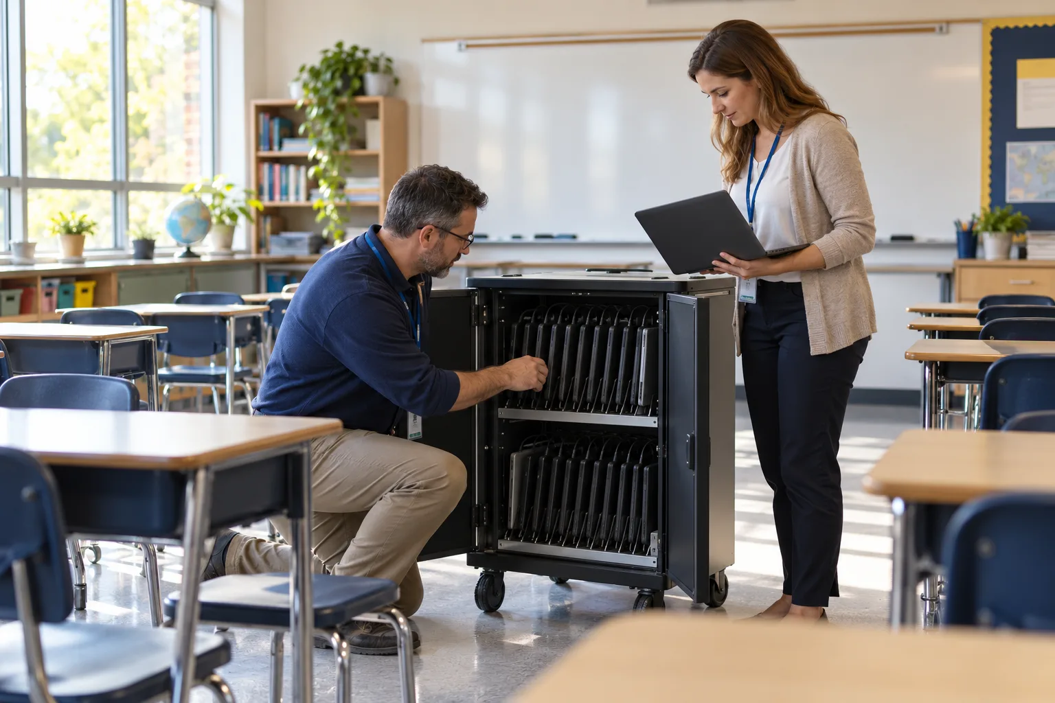 Two adults checking a laptop cart in an empty classroom
