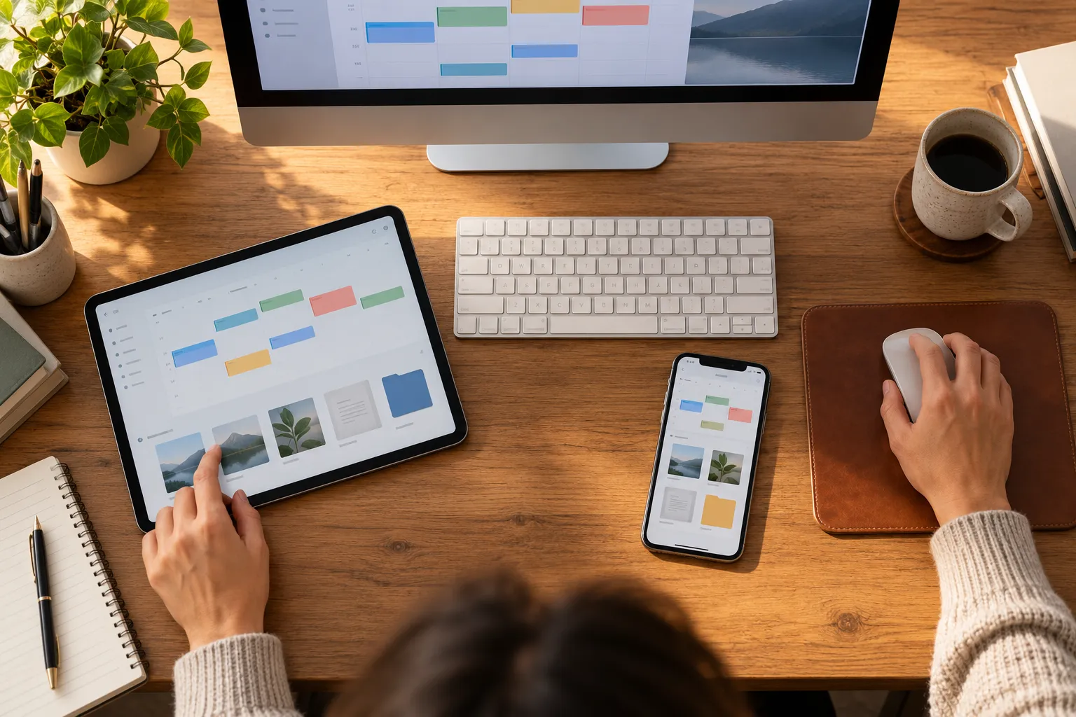 Computer, tablet, and phone displaying matching calendar layouts