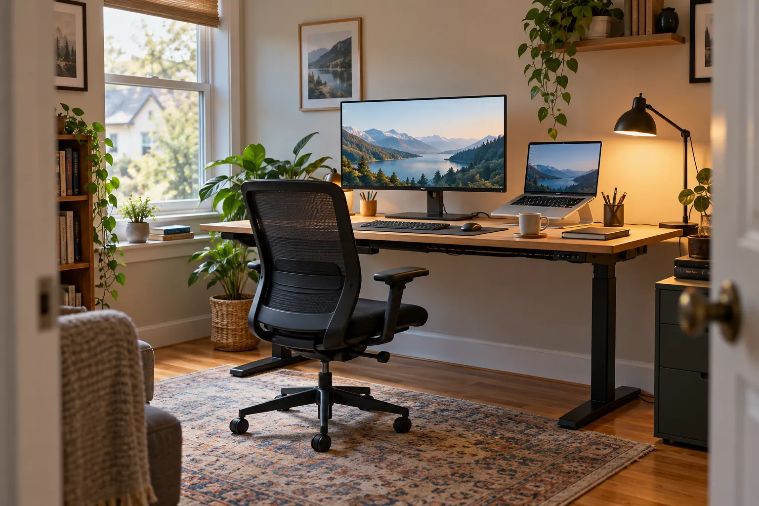A home office with an adjustable desk and organized computer equipment