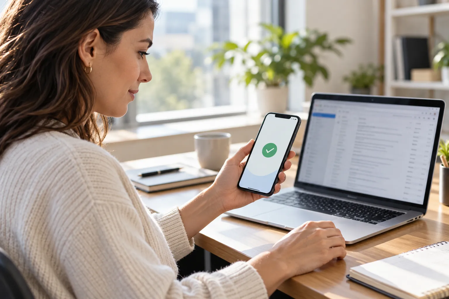 Professional checking a phone sign-in prompt beside an office laptop