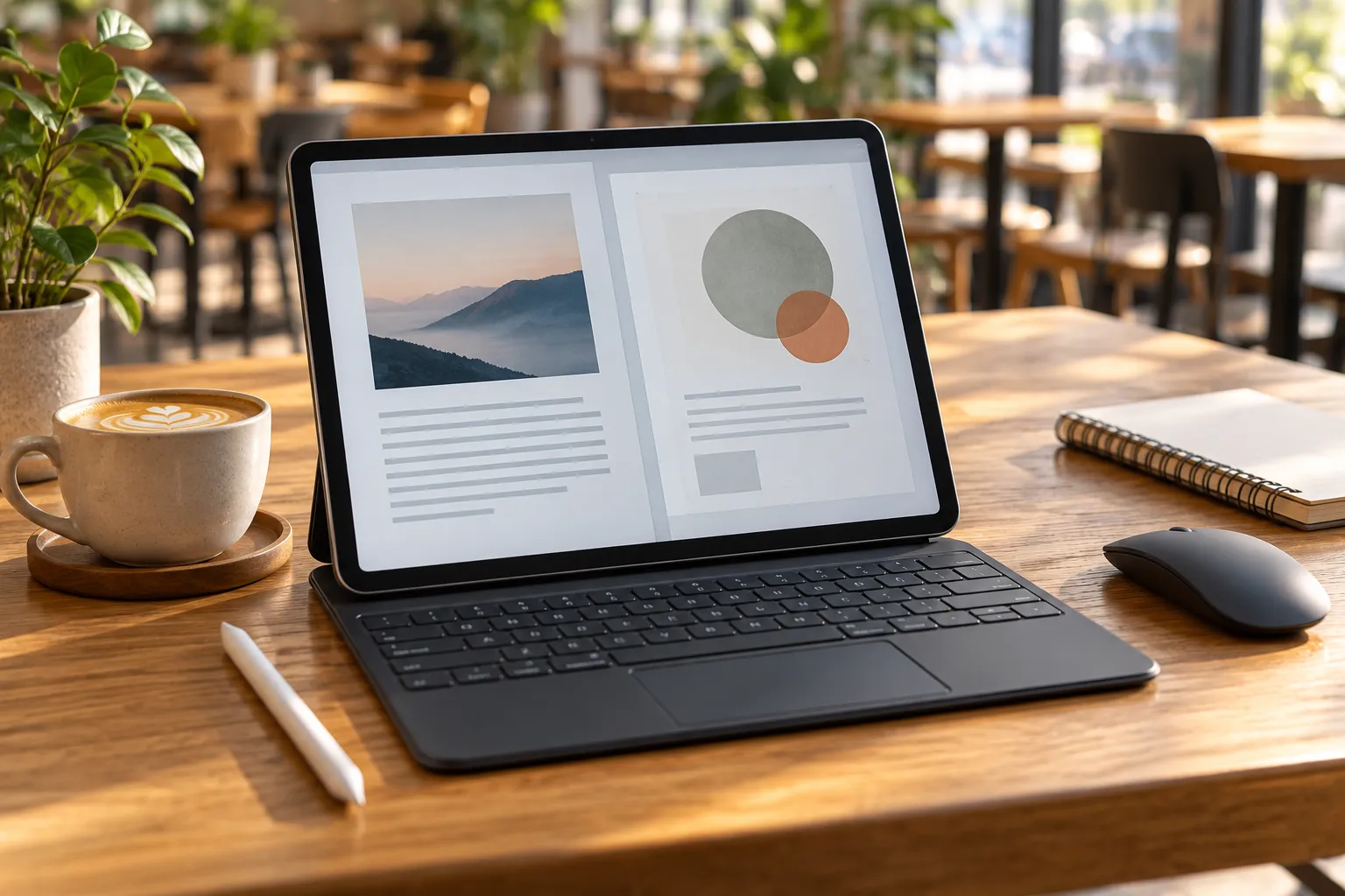 A tablet with keyboard, stylus, and mouse prepared for work