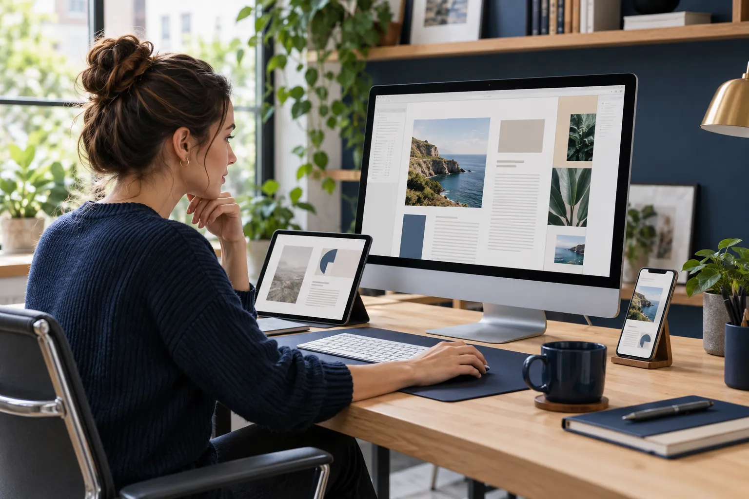 Desktop computer, tablet, and phone arranged for connected work