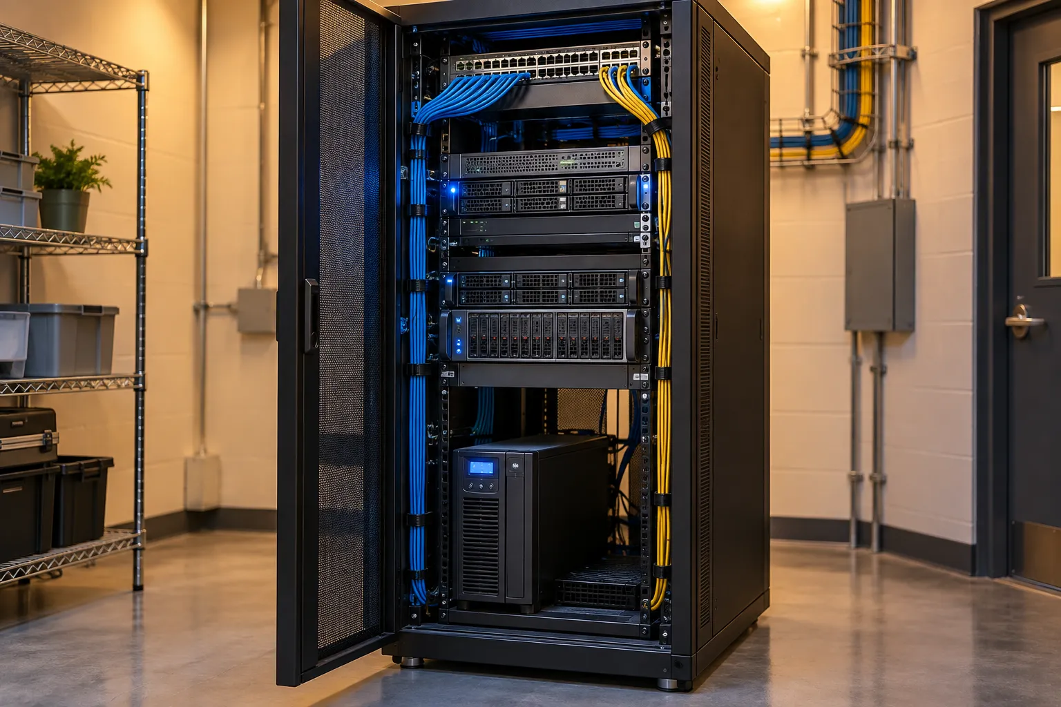 A small on-site server cabinet with organized networking cables