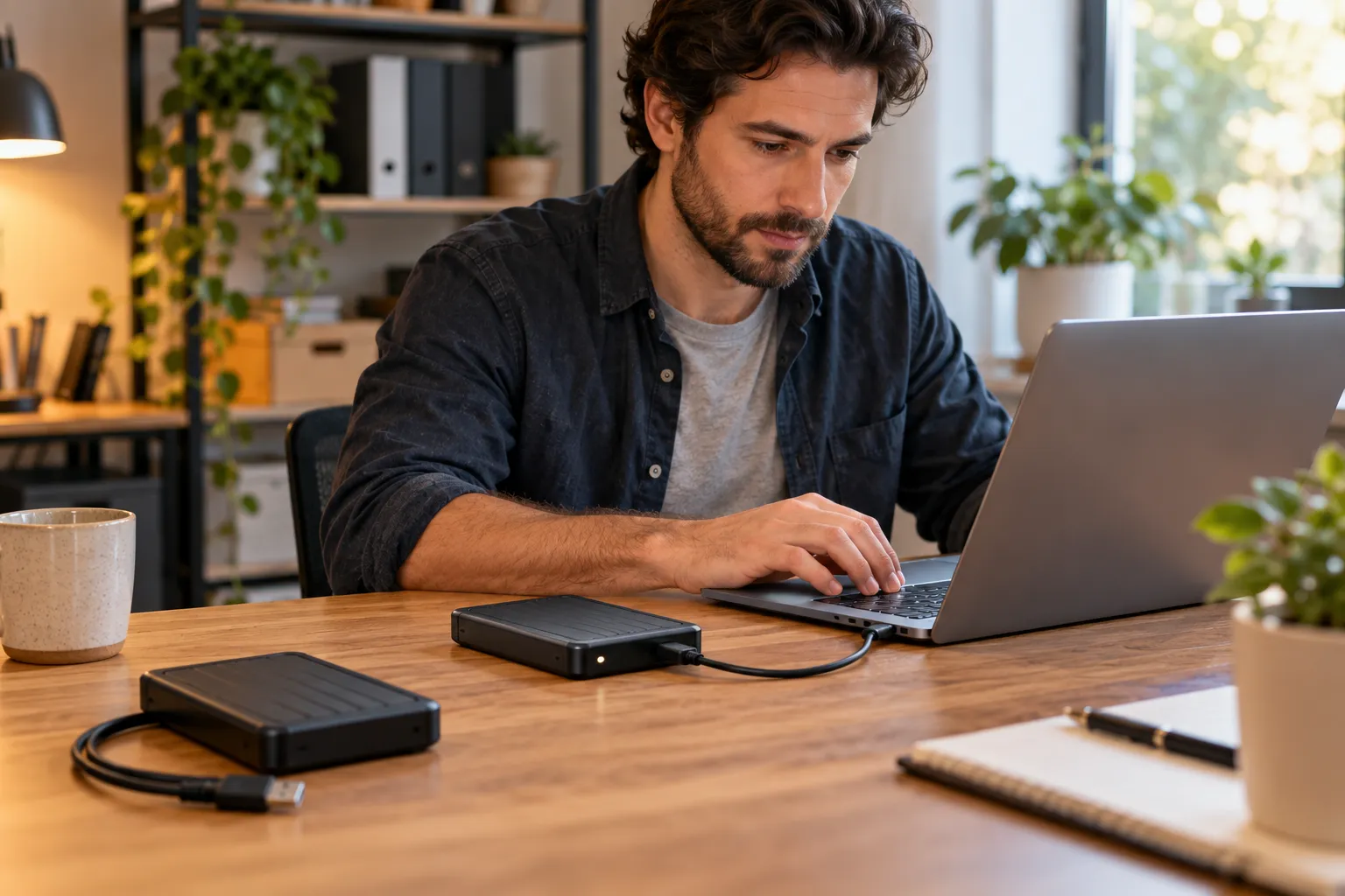 IT worker preparing a laptop backup with a separate backup drive nearby