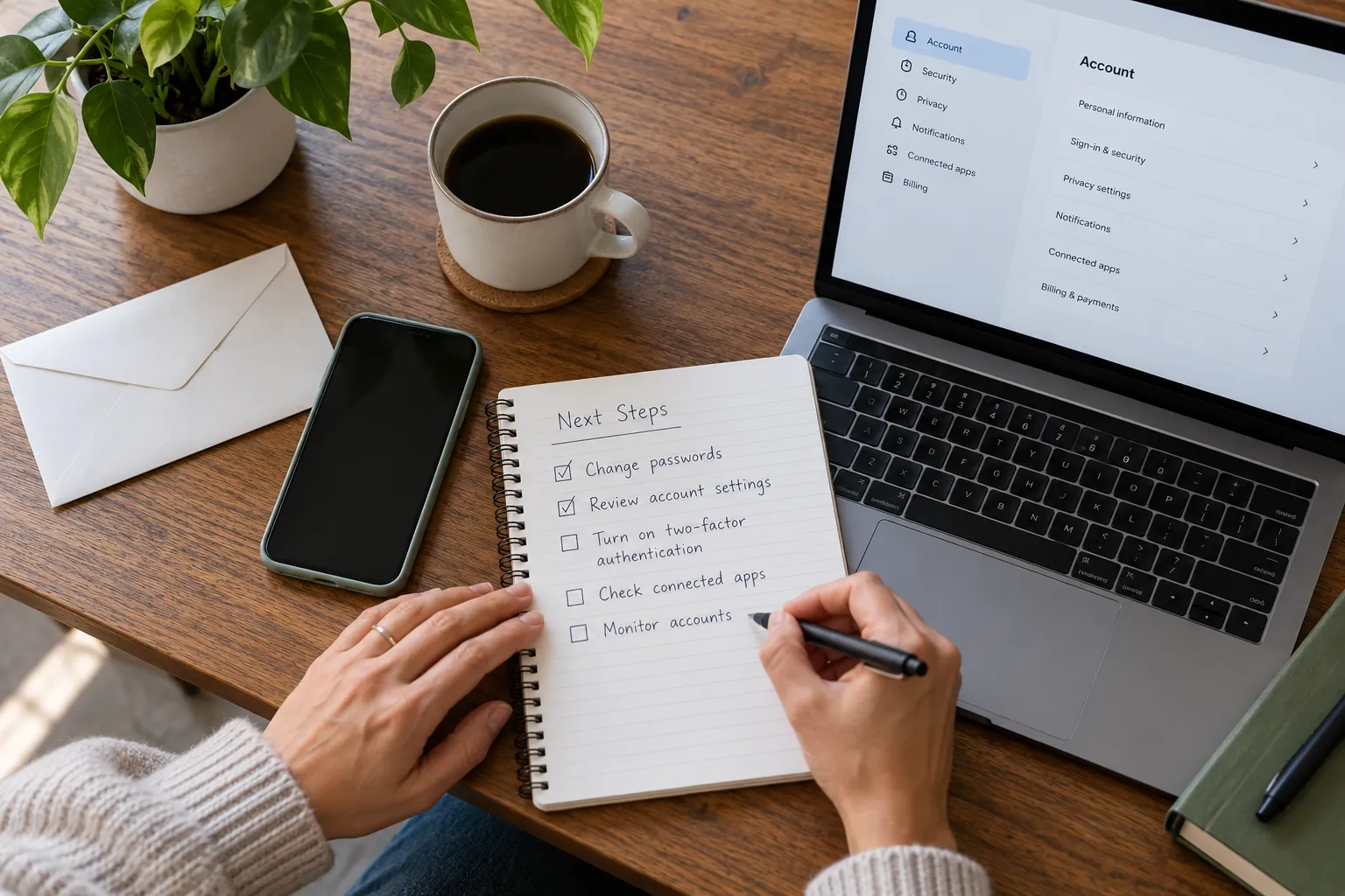 A personal information review checklist beside a phone and laptop