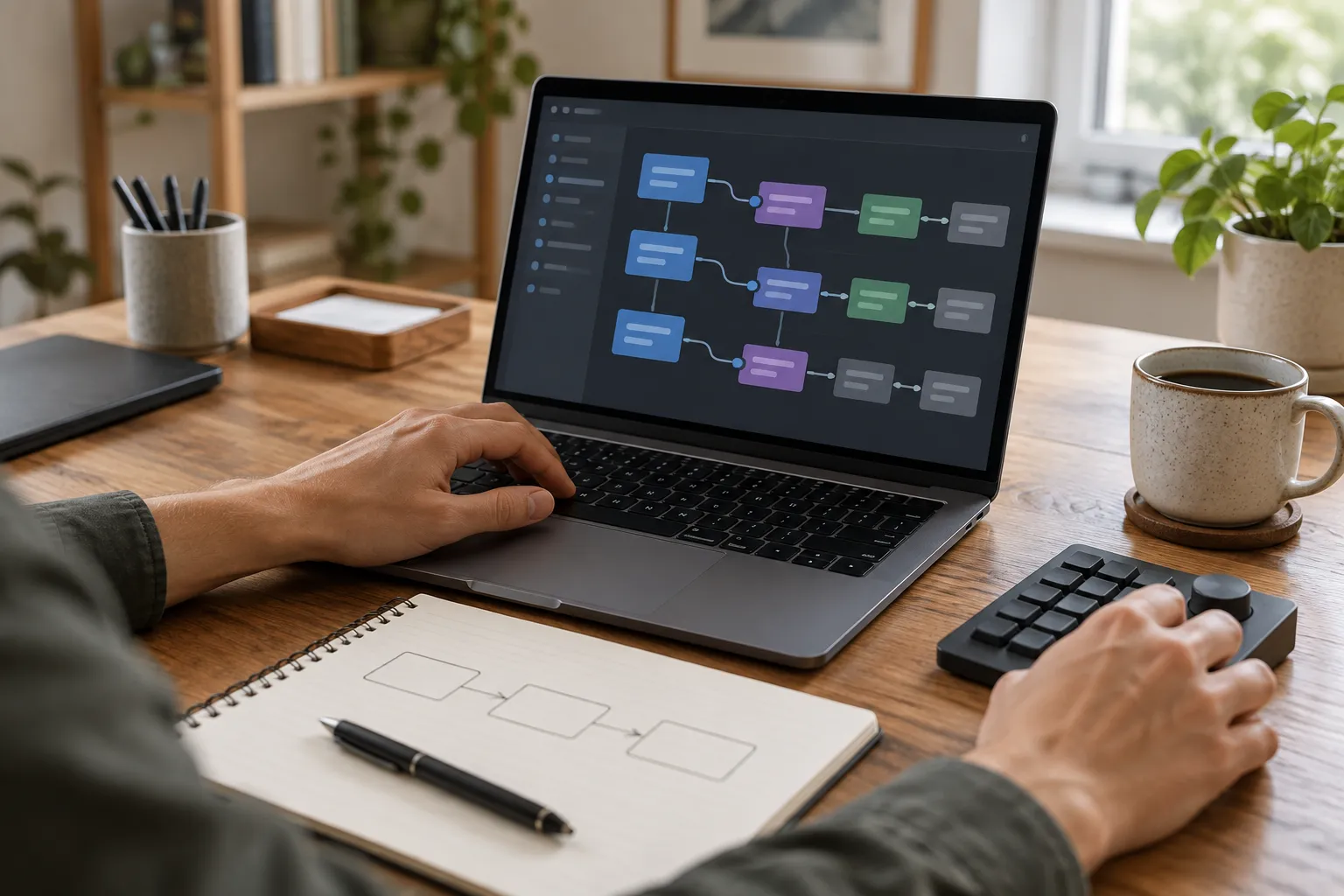 Hands using a laptop and shortcut keypad for routine tasks