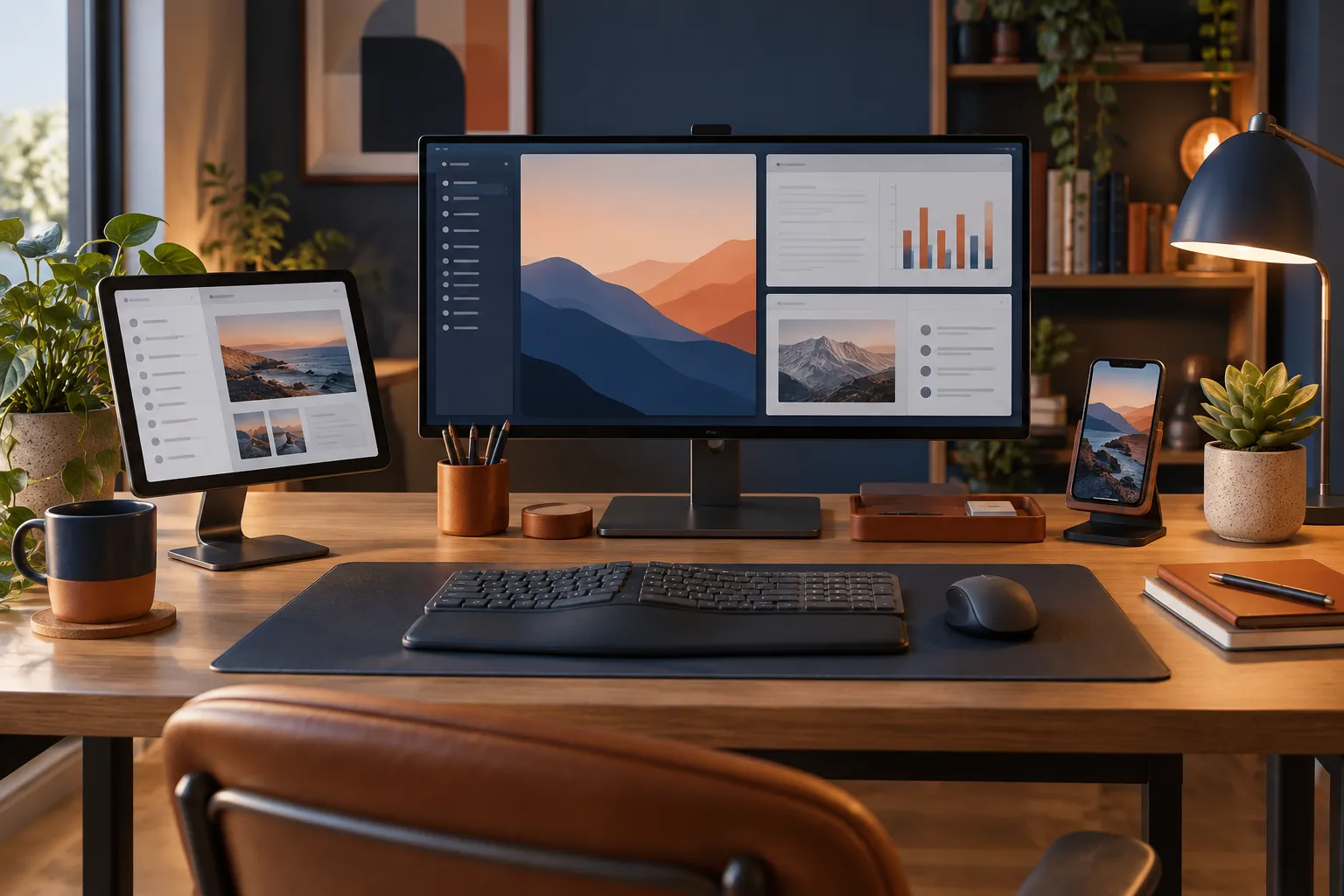 An organized workstation with a monitor, tablet stand, and desk accessories