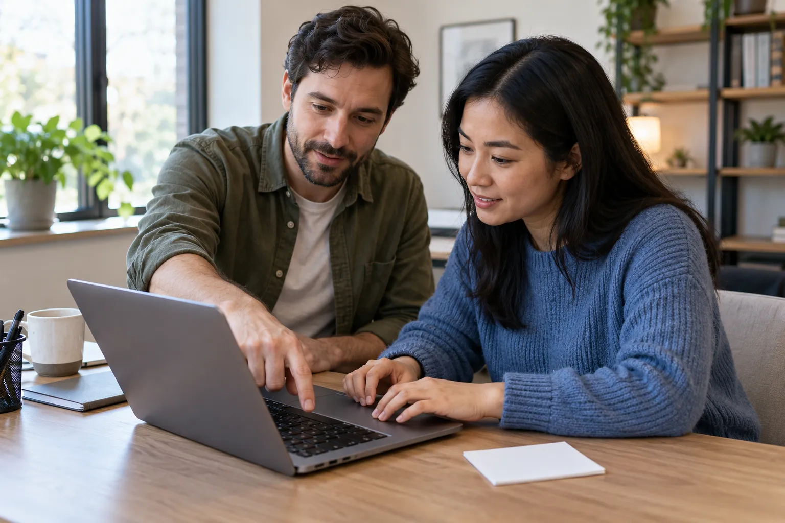 One colleague showing another a keyboard shortcut on a laptop