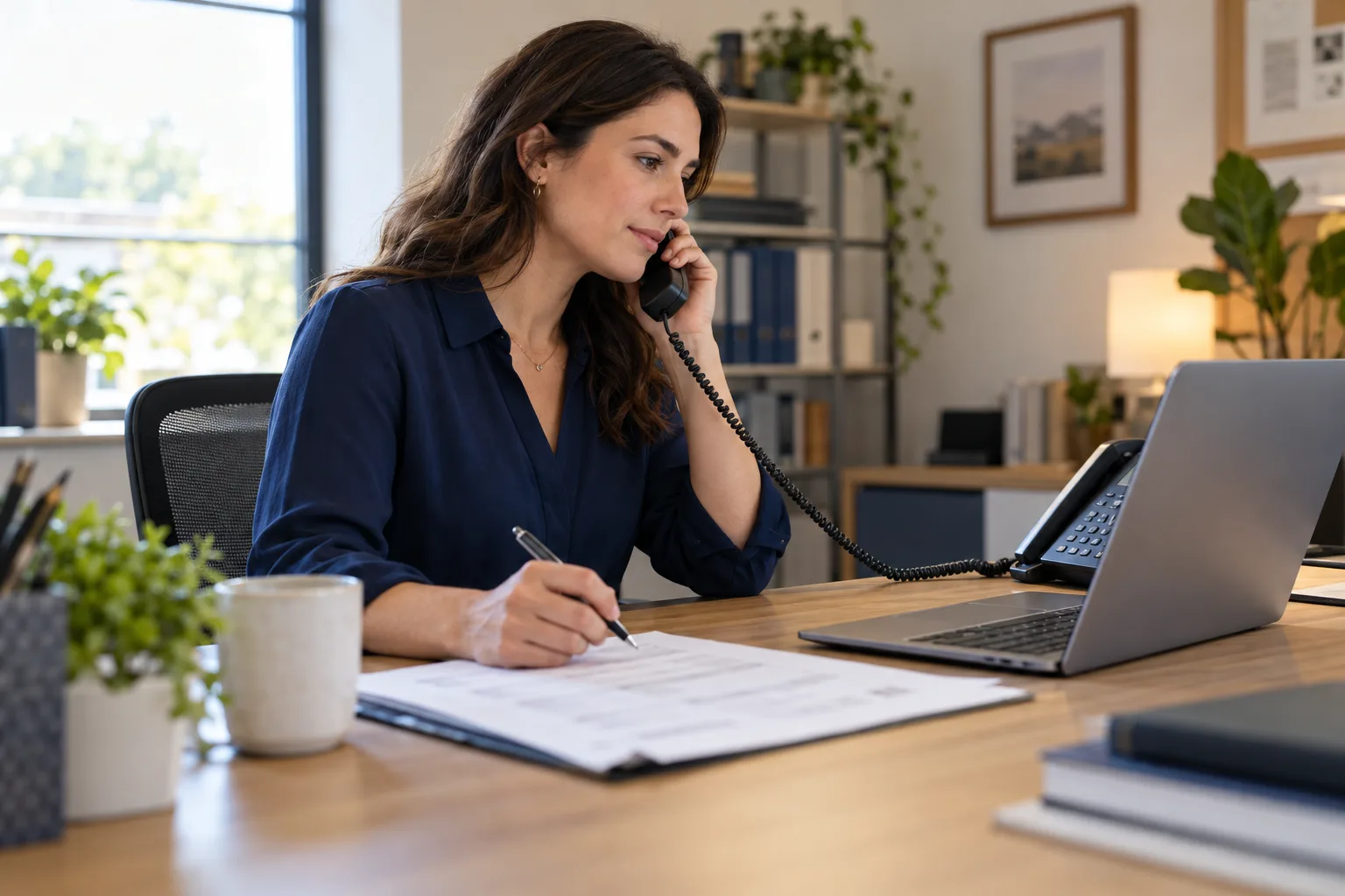 Illustration of an employee verifying an invoice by desk phone