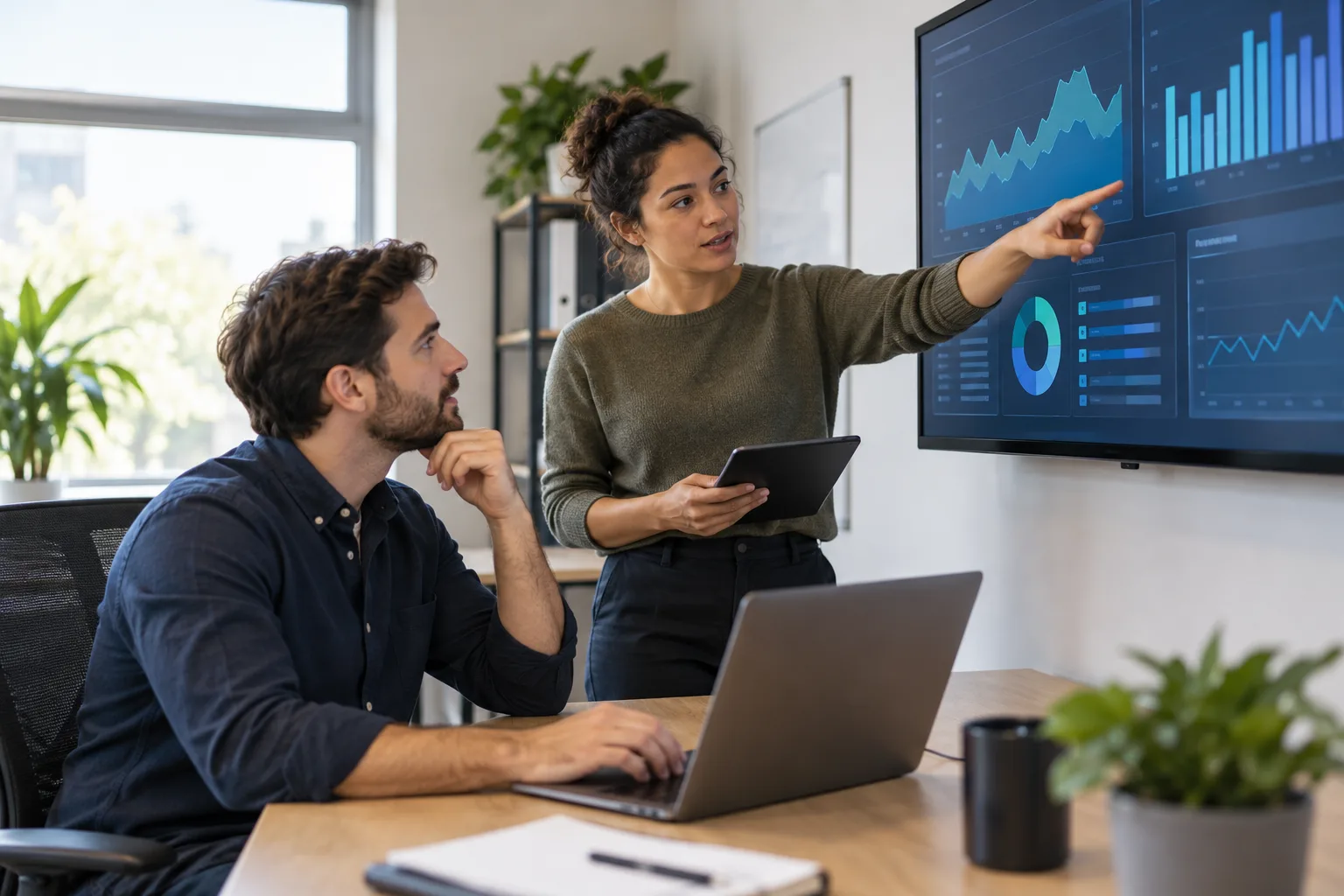Illustration of two IT professionals reviewing monitoring charts