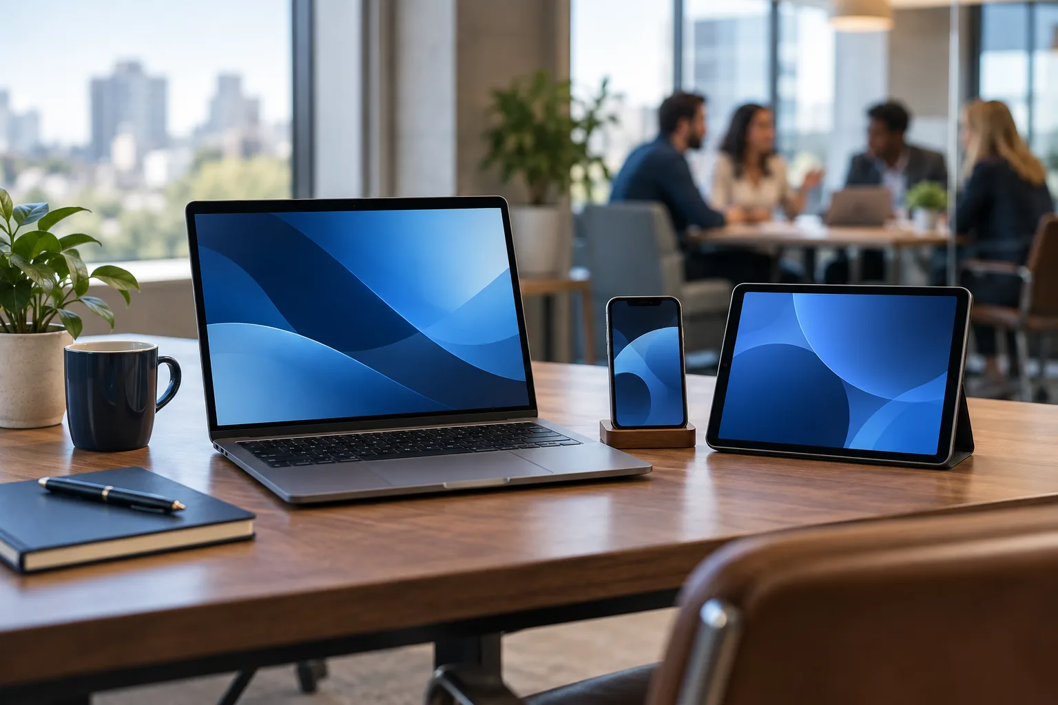 Illustration of a laptop, phone, and tablet on an office desk