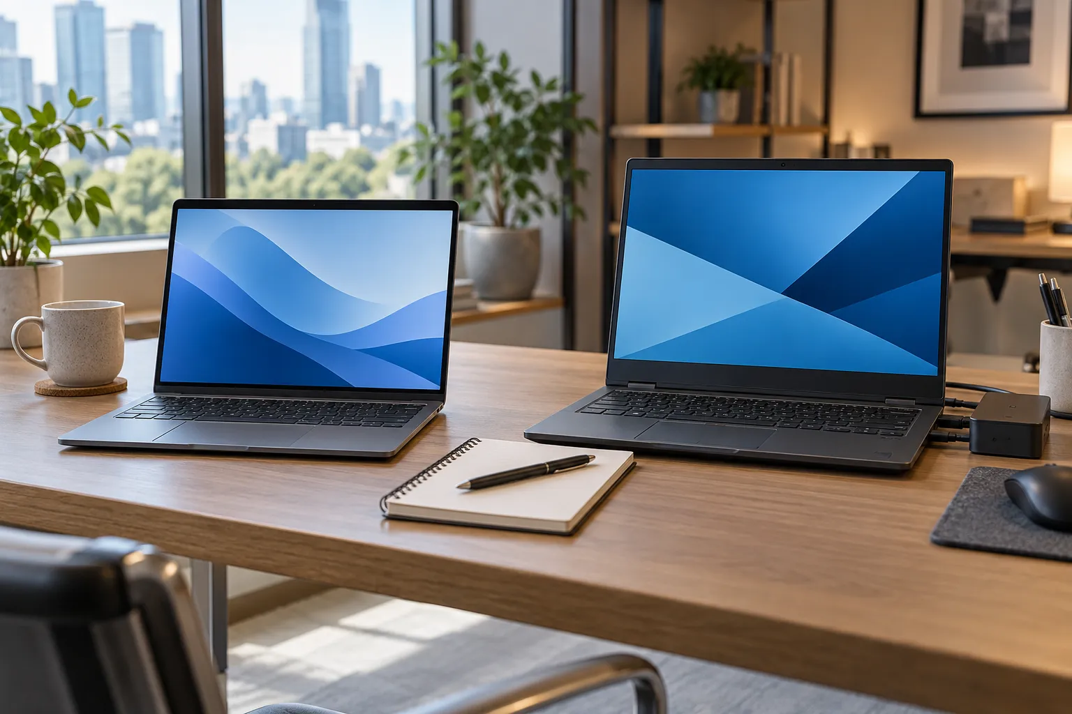 Two laptops with different business desk setups